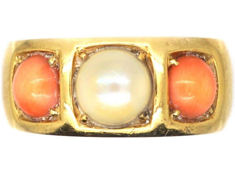 Victorian 18ct Gold, Coral & Pearl Ring