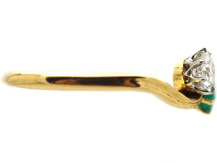 Edwardian 18ct Gold, Emerald & Diamond Crossover Ring