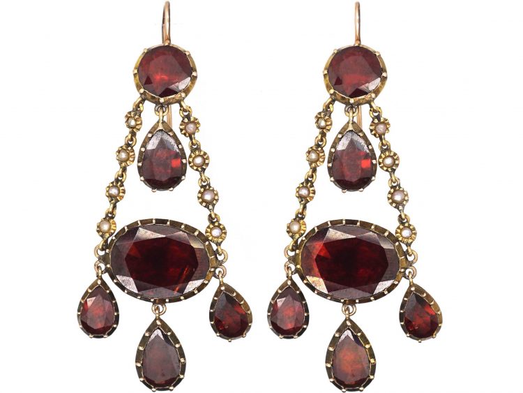 Edwardian 9ct Gold Drop Earrings set with Flat Cut Garnets & Natural Split Pearls