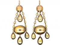 Edwardian 9ct Gold Drop Earrings set with Flat Cut Garnets & Natural Split Pearls