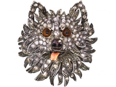 Victorian Dog’s Head Brooch set with Diamonds with Enamel Tongue & Glass Eyes