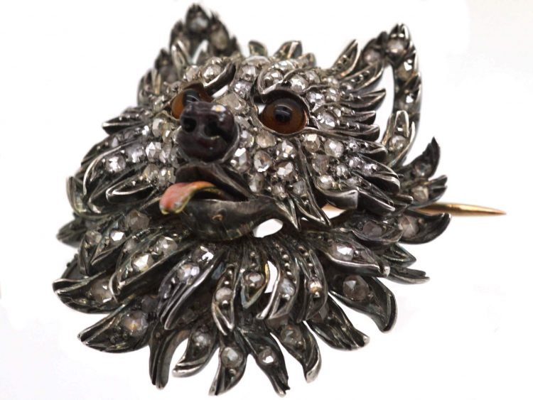 Victorian Dog's Head Brooch set with Diamonds with Enamel Tongue & Glass Eyes