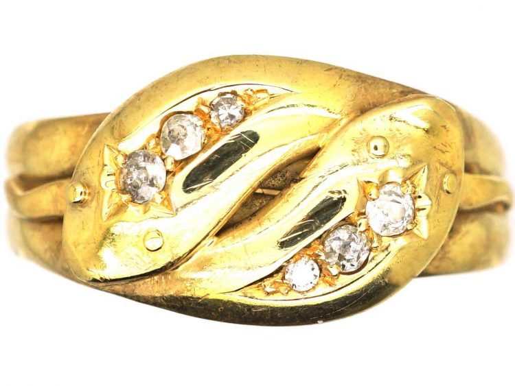 Edwardian 18ct Gold Double Snake Ring set with Diamonds