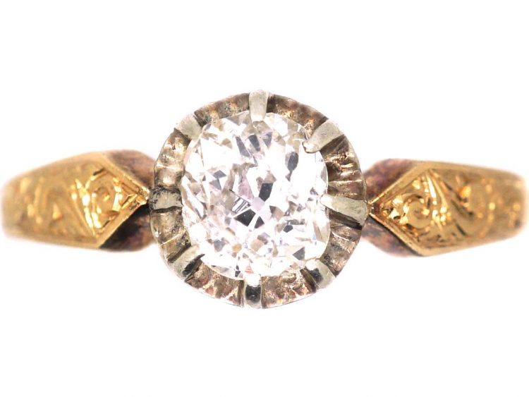 Edwardian 18ct Gold & Diamond Solitaire Ring with Engraved Shoulders