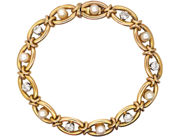 Early 20th Century French 18ct Gold Bracelet set with Diamonds & Natural Pearls