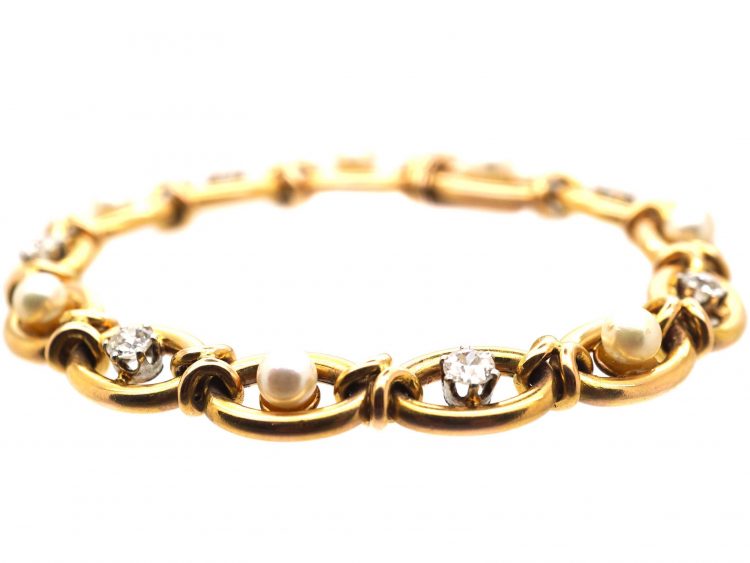 Early 20th Century French 18ct Gold Bracelet set with Diamonds & Natural Pearls