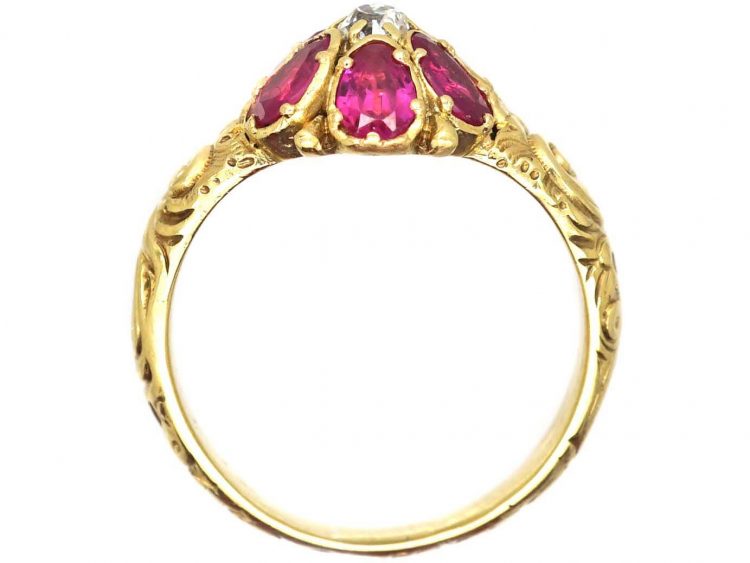 Georgian 18ct Gold Ruby and Diamond Cluster Ring with Ornate Shoulders