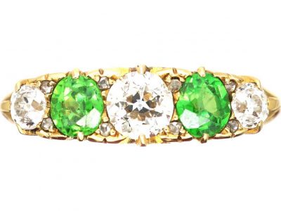 Victorian 18ct Gold Five Stone Demantoid Garnet and Diamond Carved Half Hoop Ring