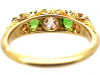 Victorian 18ct Gold Five Stone Demantoid Garnet and Diamond Carved Half Hoop Ring