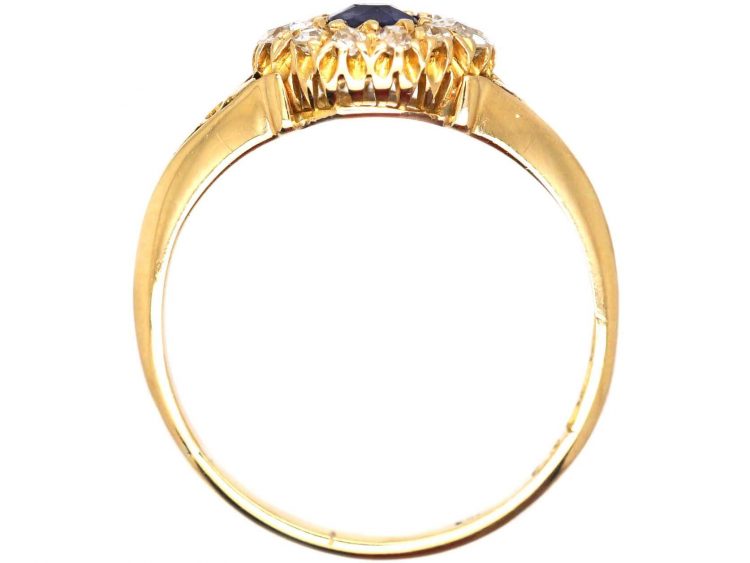 Edwardian 18ct Gold, Sapphire and Diamond Cluster Ring With Engraved Shoulders