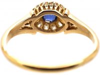 Edwardian 18ct Gold, Sapphire and Diamond Cluster Ring With Engraved Shoulders