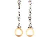 Mid 20th Century 18ct White Gold, Diamond & Pearl Drop Earrings