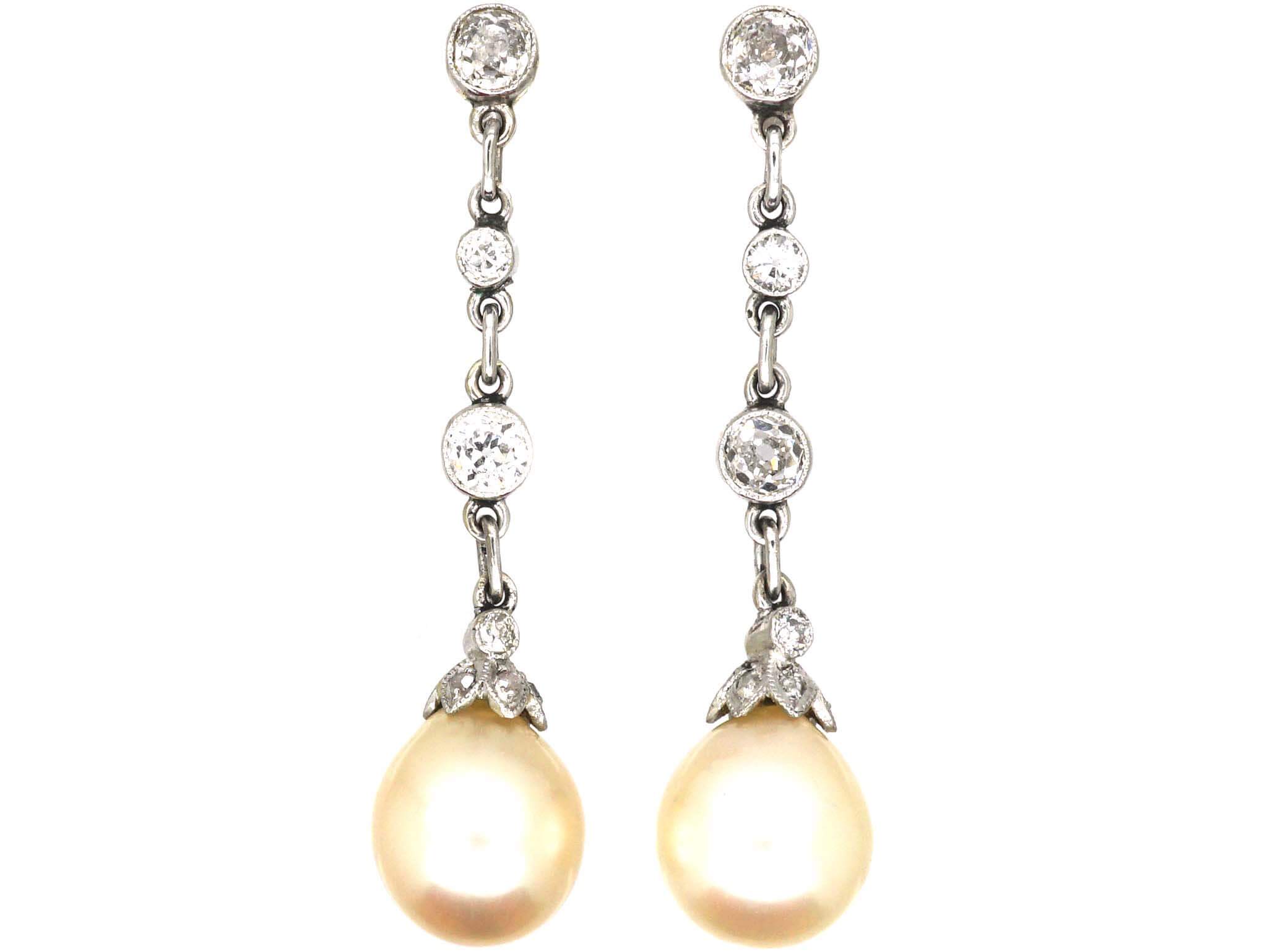 Mid 20th Century 18ct White Gold, Diamond & Pearl Drop Earrings (468u 