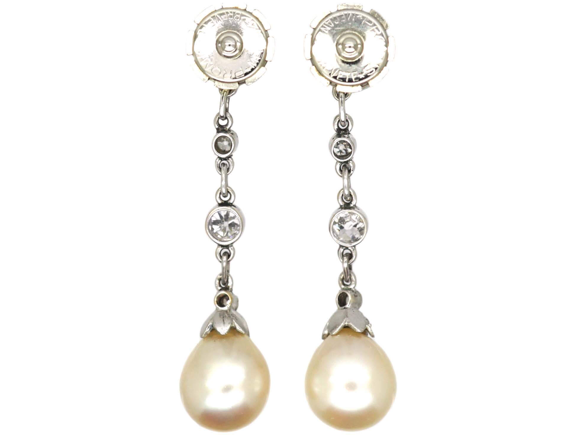 Mid 20th Century 18ct White Gold, Diamond & Pearl Drop Earrings (468U ...