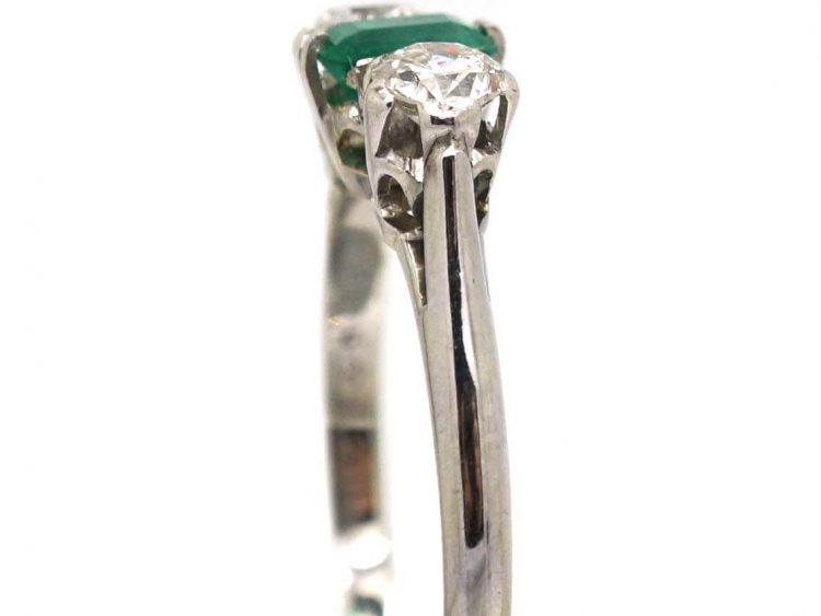 Art Deco 18ct White Gold & Platinum, Emerald and Diamond Three Stone Ring