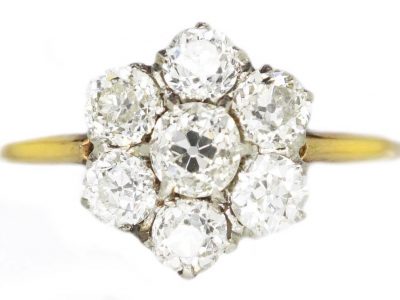 Edwardian 18ct Gold, Old Mine Cut Diamond Daisy Cluster Ring