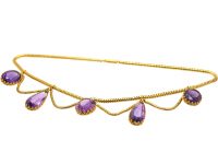 Victorian 18ct Gold Festoon Necklace with Amethyst Drops in Original Case