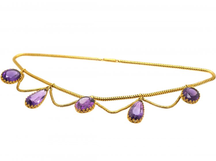 Victorian 18ct Gold Festoon Necklace with Amethyst Drops in Original Case