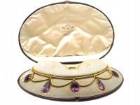 Victorian 18ct Gold Festoon Necklace with Amethyst Drops in Original Case