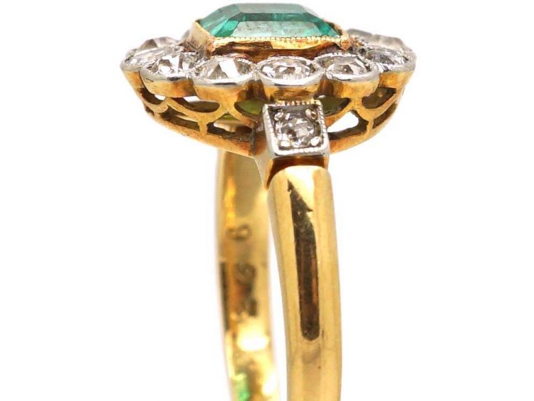 Early 20th Century 18ct Gold and Platinum Emerald and Diamond Cluster Ring