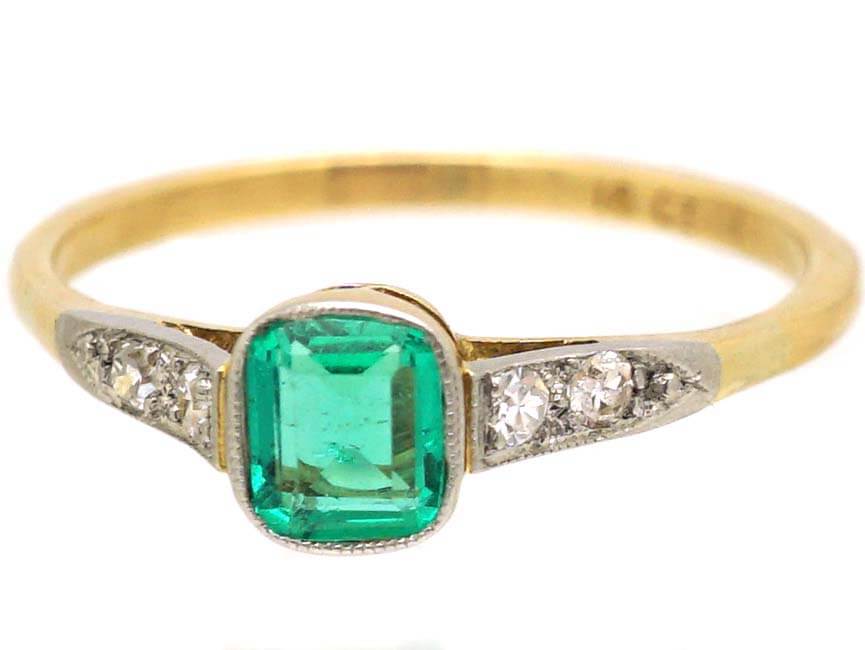 Art Deco 18ct Gold and Platinum, Emerald and Diamond Solitaire Ring ...