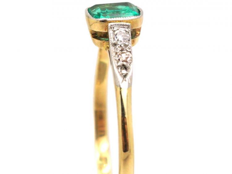 Art Deco 18ct Gold and Platinum, Emerald and Diamond Solitaire Ring