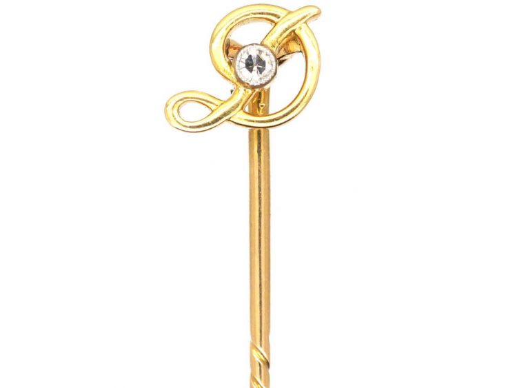 Edwardian 18ct Gold Tie Pin with the Letter D set with a Diamond