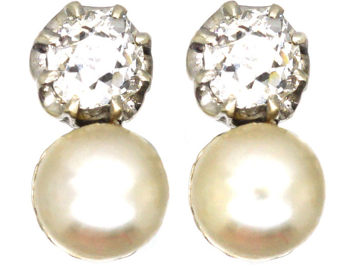Edwardian 18ct White Gold, Natural Pearl & Diamond Earrings