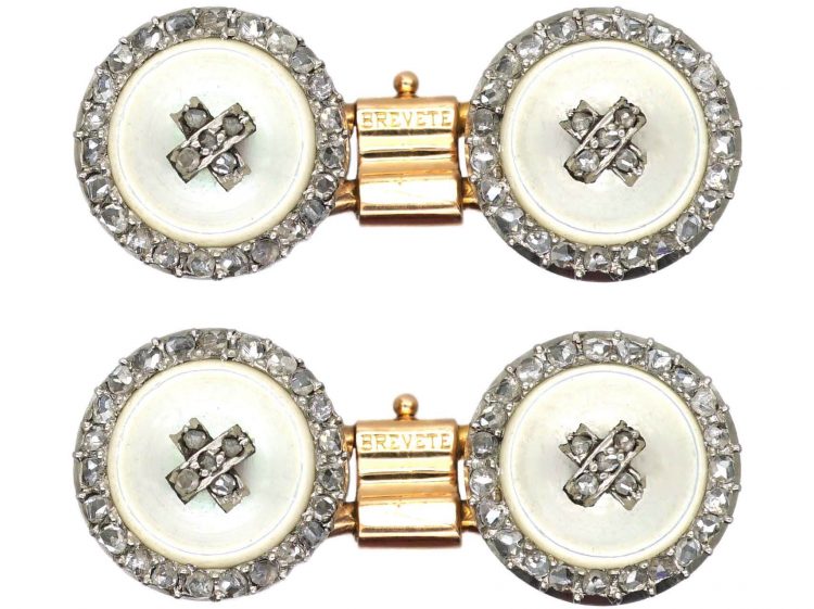 French Early 20th Century 18ct Gold & Platinum Button Cufflinks set with Diamonds & Mother of Pearl