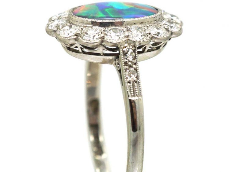 Edwardian 18ct White Gold & Platinum, Black Opal & Diamond Cluster Ring