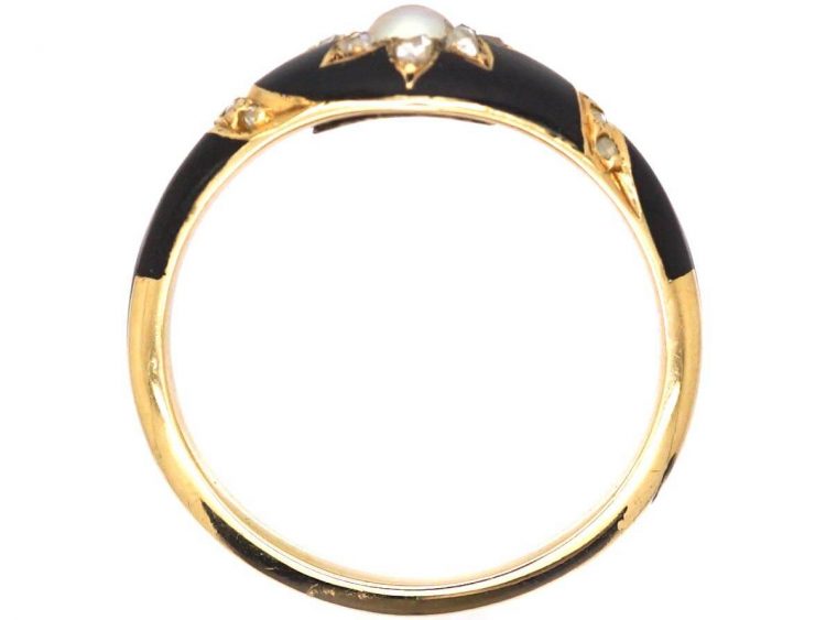 Early 19th Century 18ct Gold & Black Enamel Ring set with a Natural Pearl & Rose Diamonds