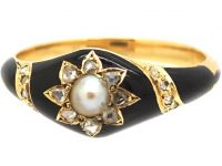 Early 19th Century 18ct Gold & Black Enamel Ring set with a Natural Pearl & Rose Diamonds