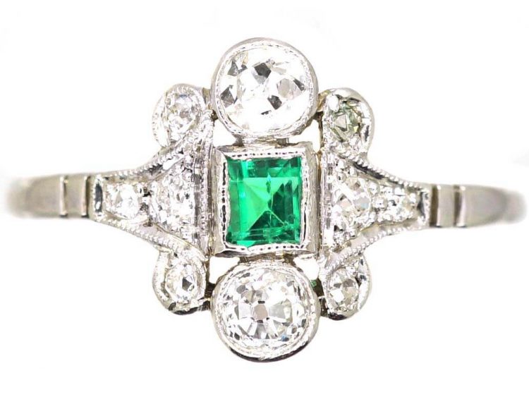 Edwardian 18ct White Gold & Platinum, Emerald & Diamond Ring