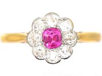 1950s 18ct Gold & Platinum, Pink Sapphire & Diamond Cluster Ring