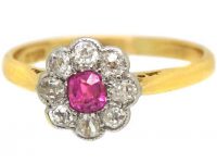 1950s 18ct Gold & Platinum, Pink Sapphire & Diamond Cluster Ring
