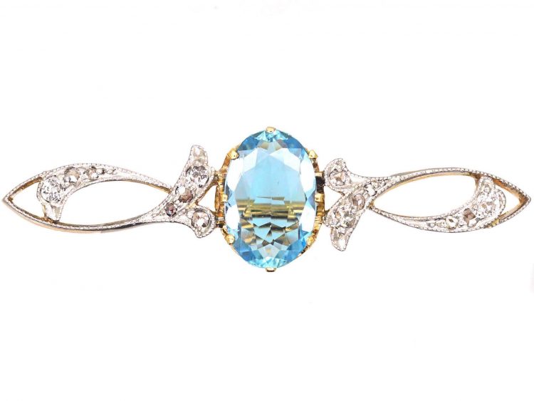 Art Nouveau 15ct & Platinum, Aquamarine & Diamond Brooch
