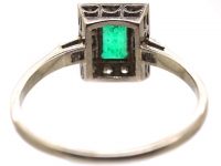 Art Deco 18ct White Gold & Platinum, Emerald & Diamond Rectangular Ring