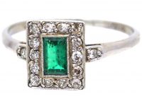 Art Deco 18ct White Gold & Platinum, Emerald & Diamond Rectangular Ring
