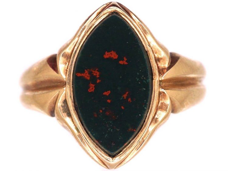 Victorian 12ct Gold Navette Shaped Signet Ring set with a Bloodstone by Charles Green