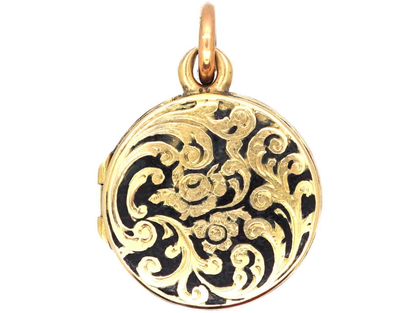 Victorian 18ct Gold Round Locket With Black Enamel Detail 499u The