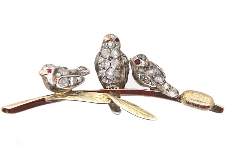 Victorian Novelty Brooch of Three Swallows on a Bullrush set with Rose Diamonds