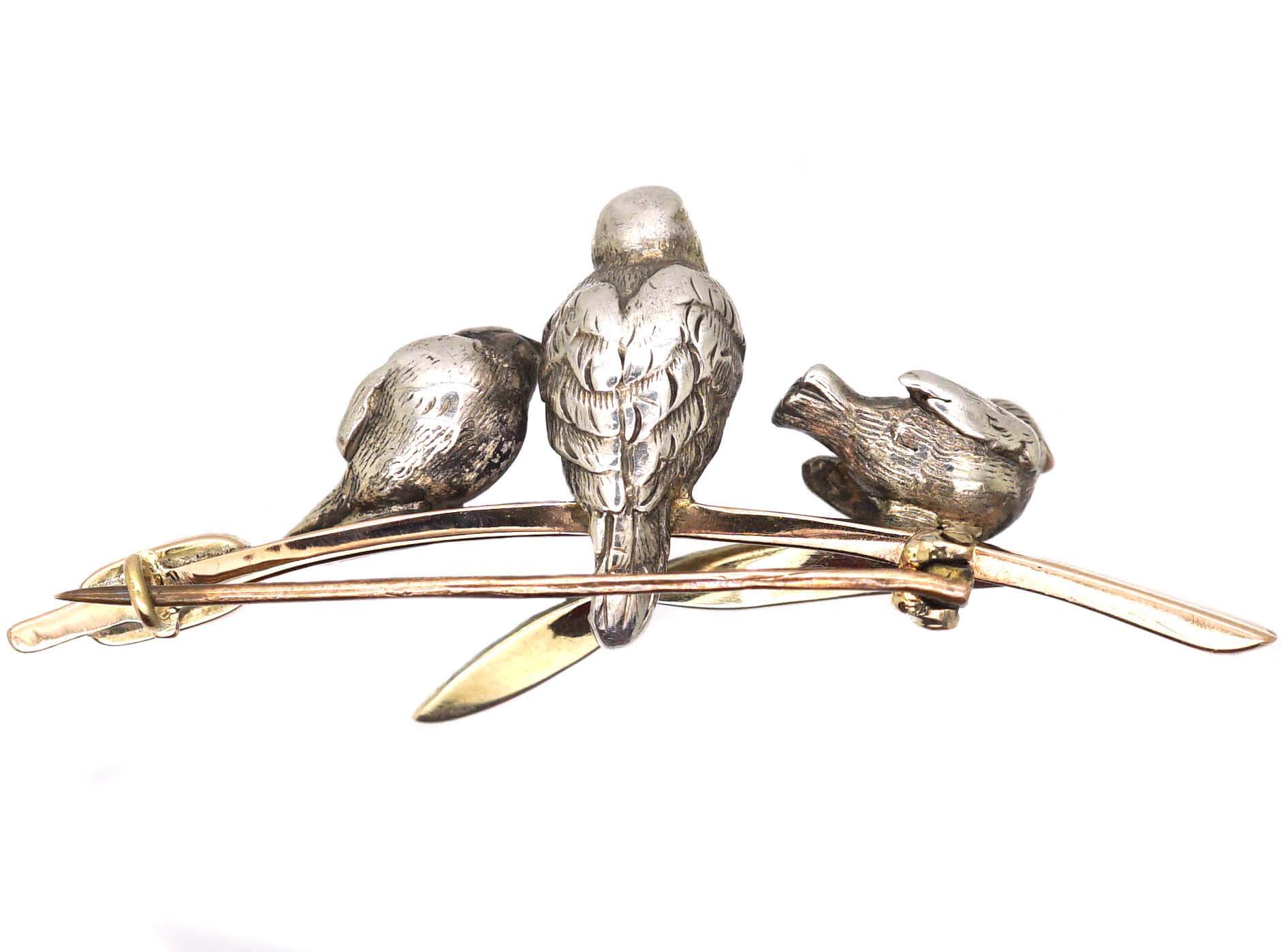 Victorian Novelty Brooch of Three Swallows on a Bullrush set with Rose