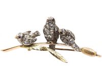 Victorian Novelty Brooch of Three Swallows on a Bullrush set with Rose Diamonds