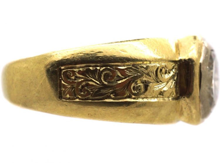 Early 20th Century 18ct Gold Ring set with a Large Diamond with Engraved Detail