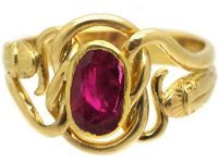 French Early 18th Century 18ct Gold Double Snake Ring set with a Ruby