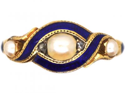 Regency 18ct Gold, Royal Blue Enamel, Natural Split Pearl & Rose Diamond Ring