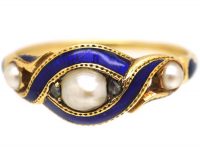 Regency 18ct Gold, Royal Blue Enamel, Natural Split Pearl & Rose Diamond Ring