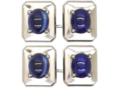 Art Deco Platinum Cufflinks set with Cabochon Sapphires