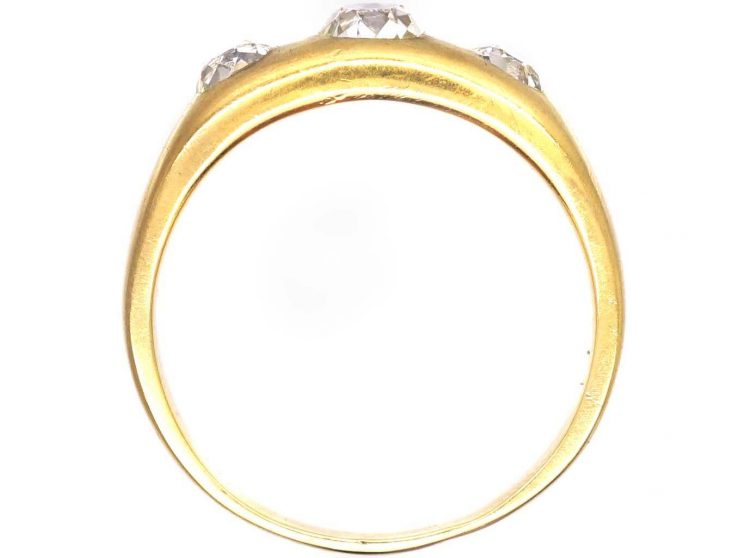 Victorian 18ct Gold, Three Stone Old Mine Cut Diamond Rub Over Set Ring