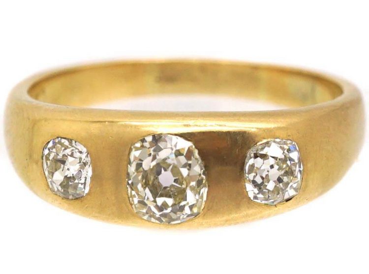 Victorian 18ct Gold, Three Stone Old Mine Cut Diamond Rub Over Set Ring